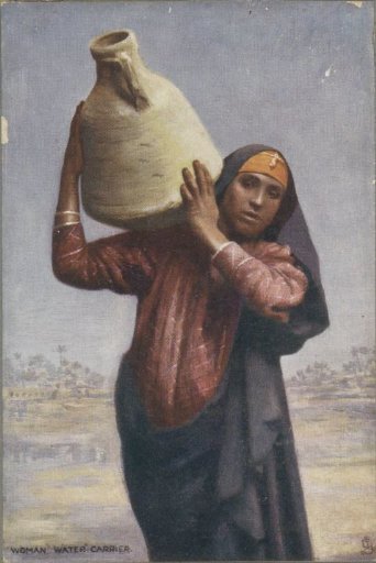 Portrait of a water carrier with a jug on her shoulder