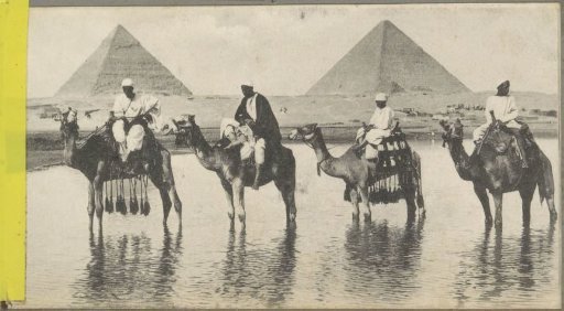 Pyramids of Giza during inundation, in the foreground men on camels