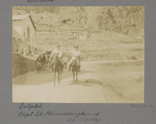 Captain-lieutenant Brünninghaus and Lieutenant Mathy on horseback on a road near Delphi