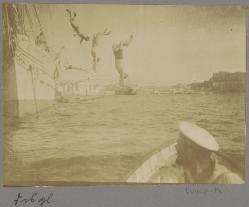 Men diving from S.M.S. Loreley into the sea near Corfu