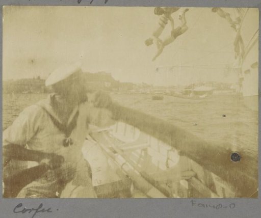 Men diving from S.M.S. Loreley into the sea near Corfu, in the foreground a sailor in a rowboat