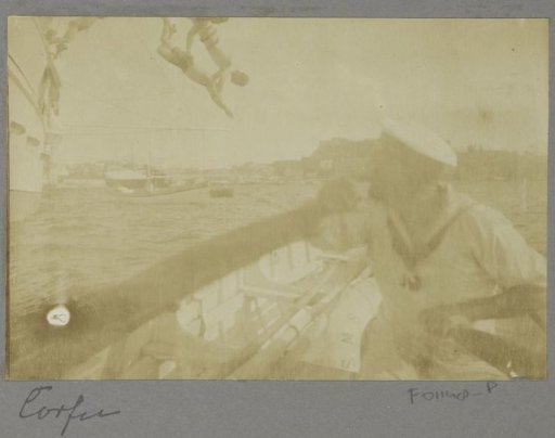 Men diving from S.M.S. Loreley into the sea near Corfu, in the foreground a sailor in a rowboat