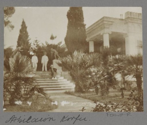 Men in the garden at the Achilleion on Corfu