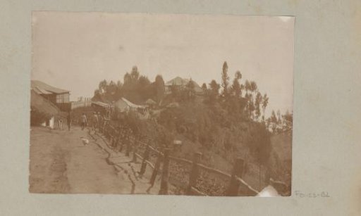 Men and a chicken on a country road with houses in the background