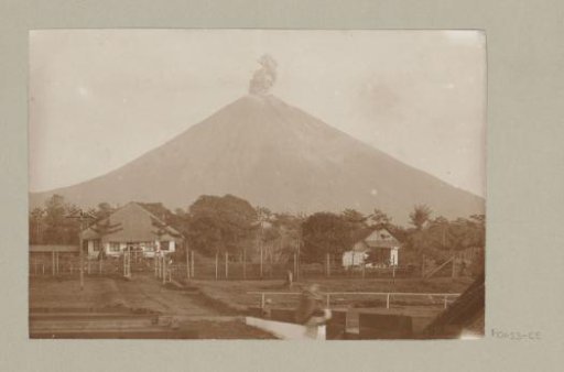Houses in front of an active volcano