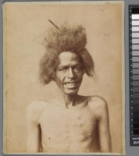 Portrait of a black man with bare chest, possibly a Papuan