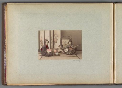 Portrait of three Japanese women by screens, with fan, tea set and stringed instrument
