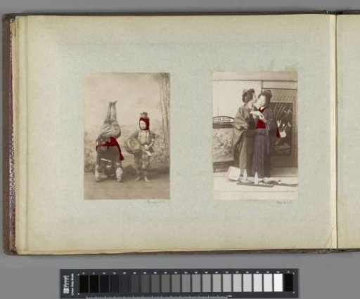 Portrait of three Japanese children: one drummer, two acrobats