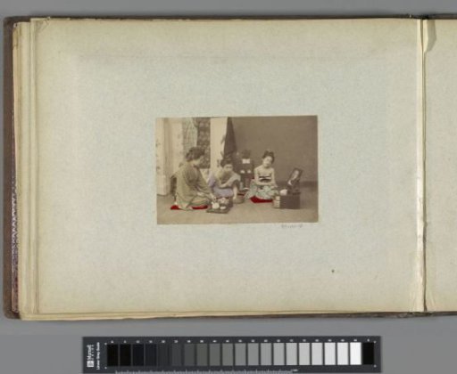 Portrait of three Japanese women with tea and toilet articles