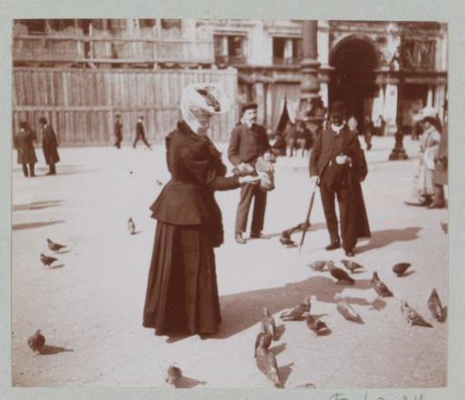 Woman feeding pigeons on St. Mark's Square in Venice