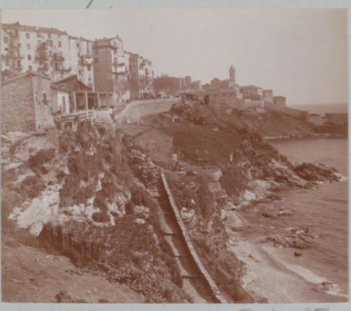 View of a seaside town, presumably on Corsica
