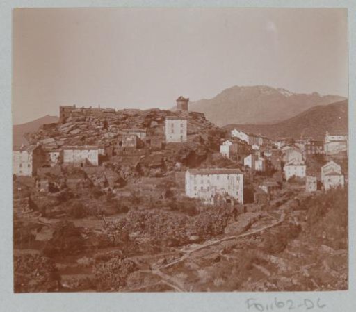View of a village with a Genoese tower on Corsica
