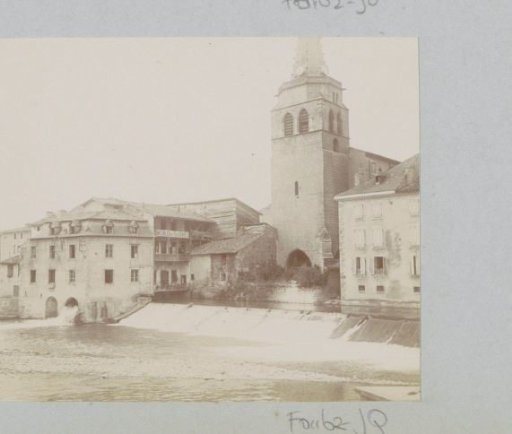 View of houses and a church at a rapid, probably in the Pyrenees