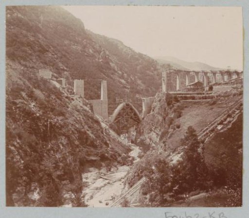 View of a viaduct under construction, probably in the Pyrenees