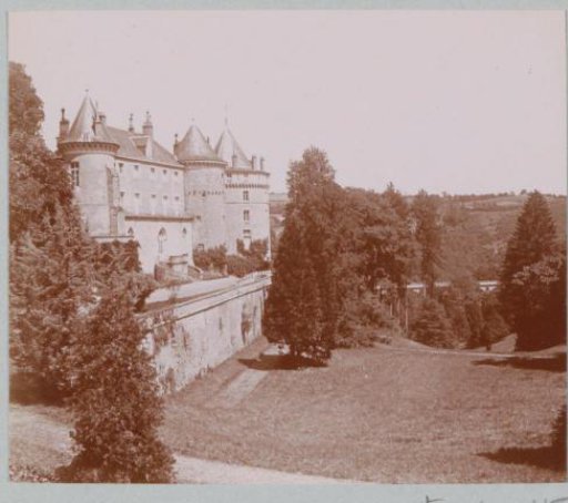 View of a castle with a terrace and a garden, probably in France
