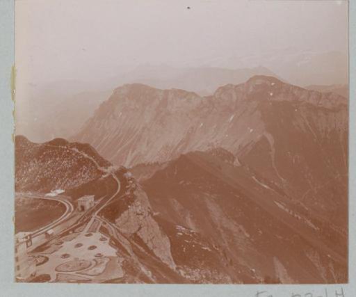 Mountain landscape with a railway and paths near the Rochers de Naye in the Swiss Alps