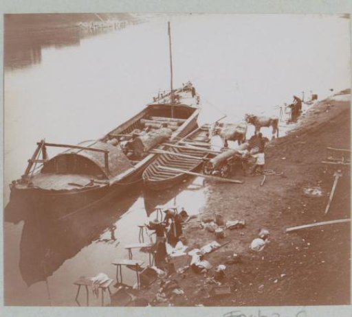 View of the bank of the Ticino in Pavia with women washing clothes, boats, cattle, and loading and unloading operations