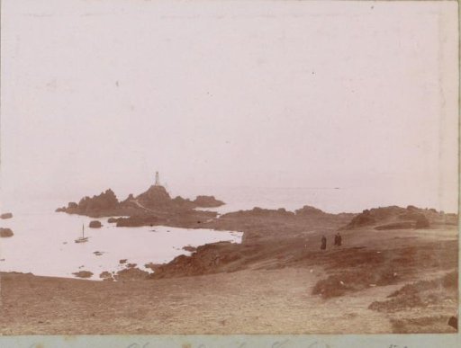 View of Rock Formations and the La Corbière Lighthouse on Jersey with Three Figures in the Foreground