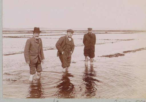 Three men wading in the surf on the coast near Arcachon