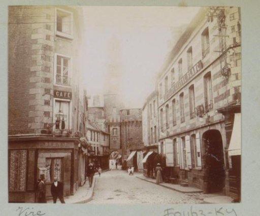 Street in Vire with Café Durand at the corner