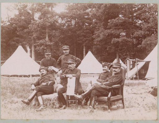 Group portrait of six soldiers in a military camp at Fontainebleau
