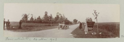 Spectators and participant at the Paris-Madrid automobile race, presumably on a country road in France