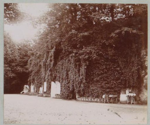 Overgrown building at a courtyard (designated 'La Charpenterie'), presumably at a country house or castle in France
