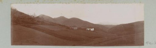 Mountain landscape with two houses, presumably in the Pyrenees