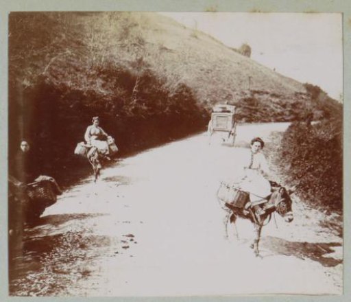 Country road with women on donkeys and a cart, probably in the Spanish Basque Country