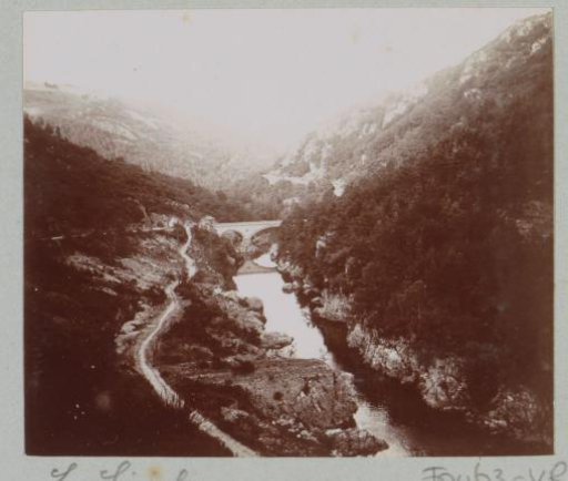 Gorge with road and bridge over the Sioule in the Auvergne