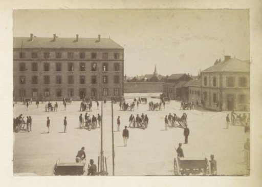 Drill Ground of a Barracks with Soldiers and Cannons in France