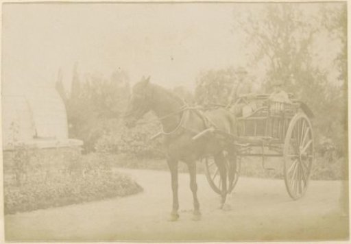 Horse-drawn cart with a man and a child in a garden in France