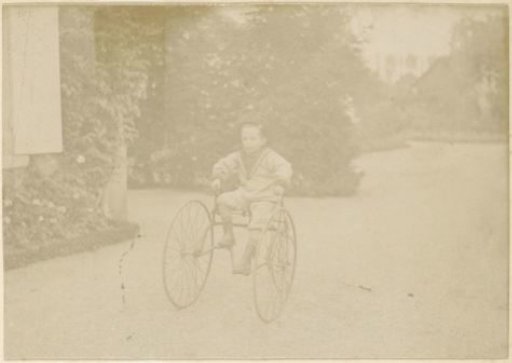 Boy riding a tricycle in a garden in France