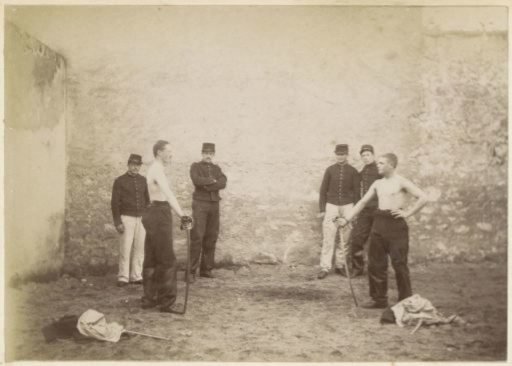 Military Personnel with Sabers at a Barracks in France
