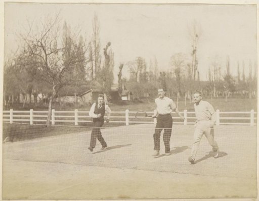Three French men jumping over a tennis net