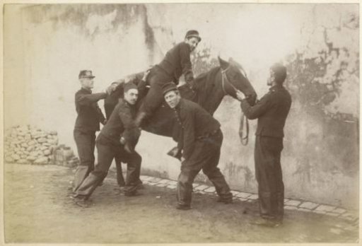 Five Military Personnel at a Horse in France