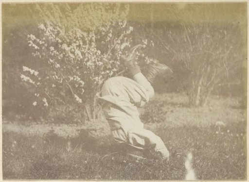 Child doing a handstand on a grassy field in France