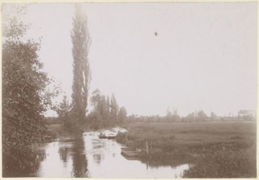 Landscape with a ditch and two men in a boat, probably in France