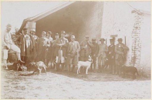 Group portrait of a hunting party in France
