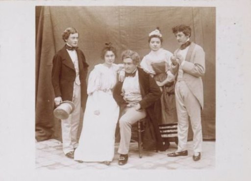 Group portrait of a company in historical costumes, probably French amateur actors