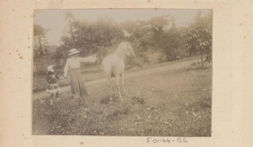 Mother and daughter by a horse in the meadow