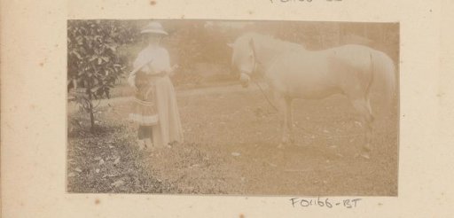 Mother and daughter by a horse in the meadow