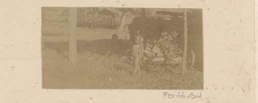 Dutch East Indies, boy by overgrown vehicle