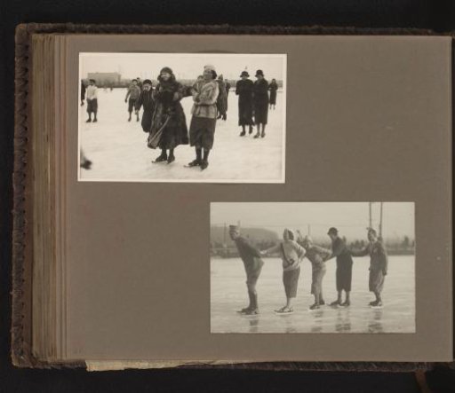 Two photographs of Princess Juliana skating, with Queen Wilhelmina and others