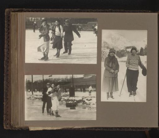 Three photographs of Princess Juliana skating and skiing, with Queen Wilhelmina
