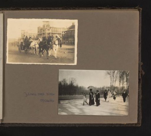 Two photographs of Princess Juliana as a child, in a carriage and walking with Queen Wilhelmina and the court