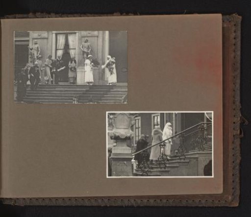 Two photographs of Queen Wilhelmina and Princess Juliana on the porch of Huis ten Bosch Palace