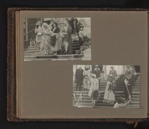 Two photographs of Princess Juliana reviewing a parade with Queen Wilhelmina and Queen Mother Emma