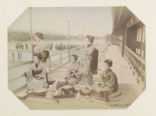 Group portrait of five Japanese women at dinner in Kyoto