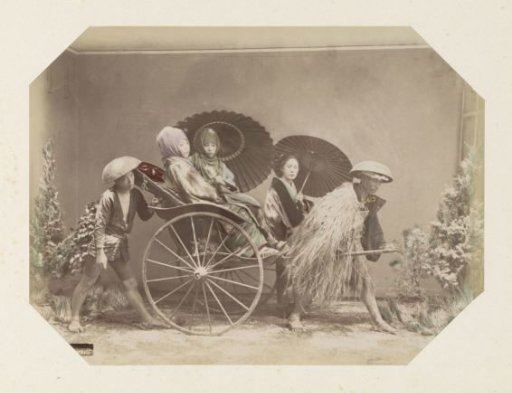 Two rickshaw drivers with three female passengers
